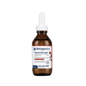 A 90mL brown glass bottle of Vitamin D3 90ml Liquid by Metagenics with a white dropper cap and label highlighting dosage, bone and immune health benefits.